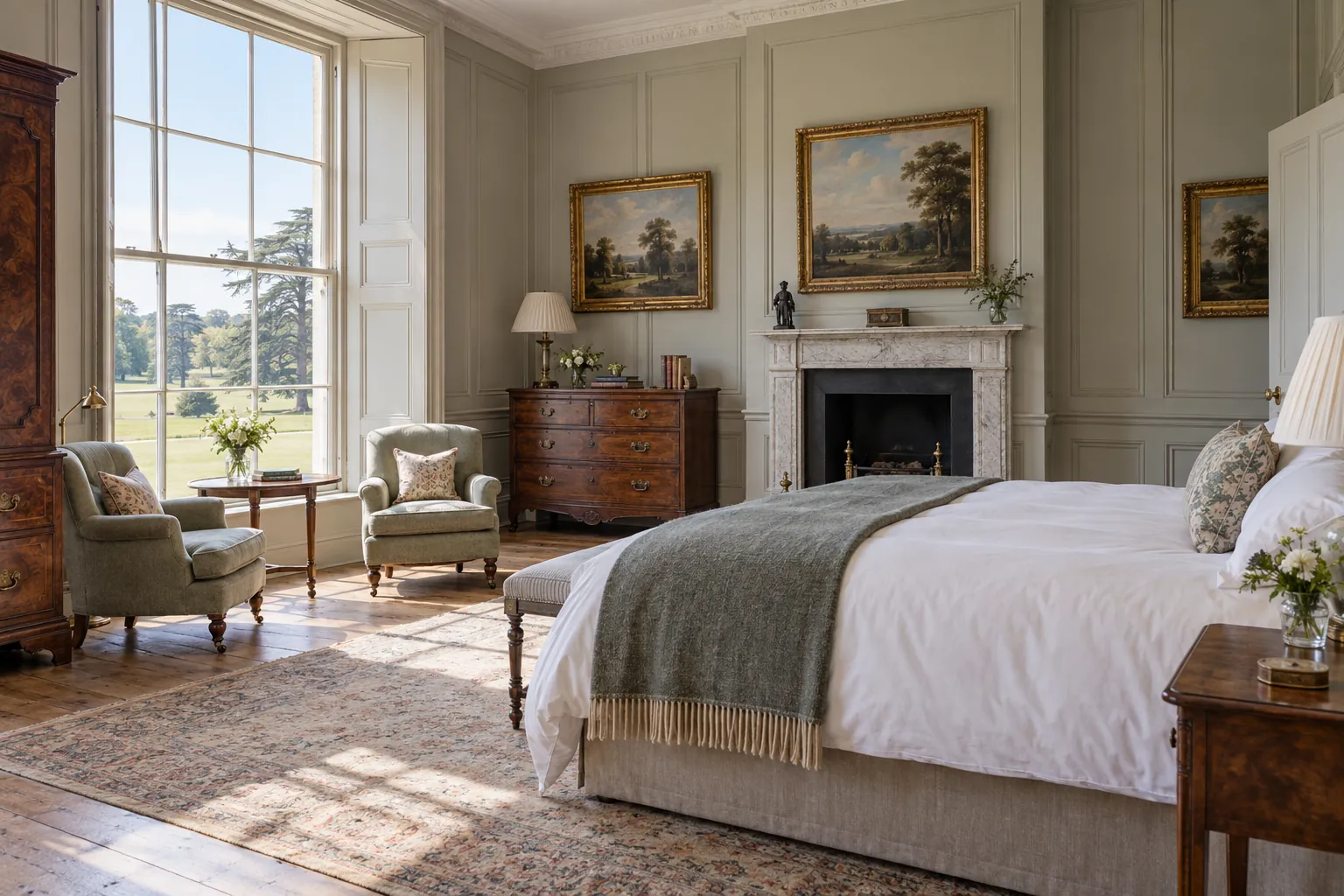 A Park room: a made bed with a wool throw, two armchairs by a tall sash window and a view across the park