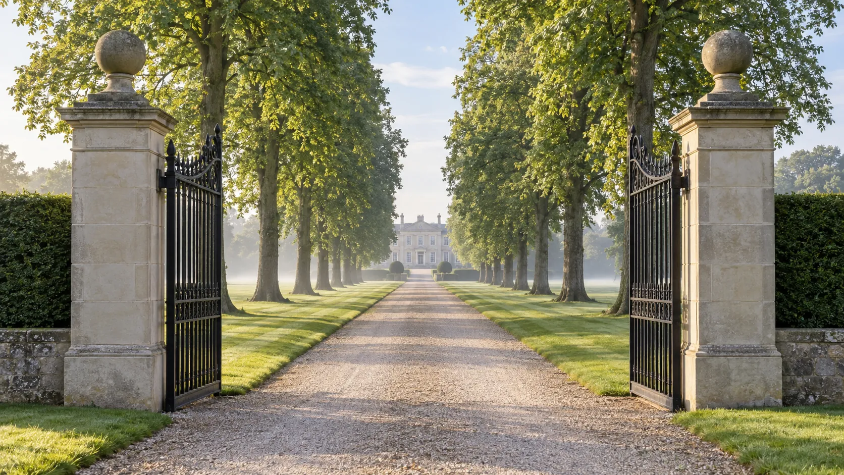 The open iron gates of Averleigh between stone piers, the gravel drive running up a lime avenue to the House in morning mist