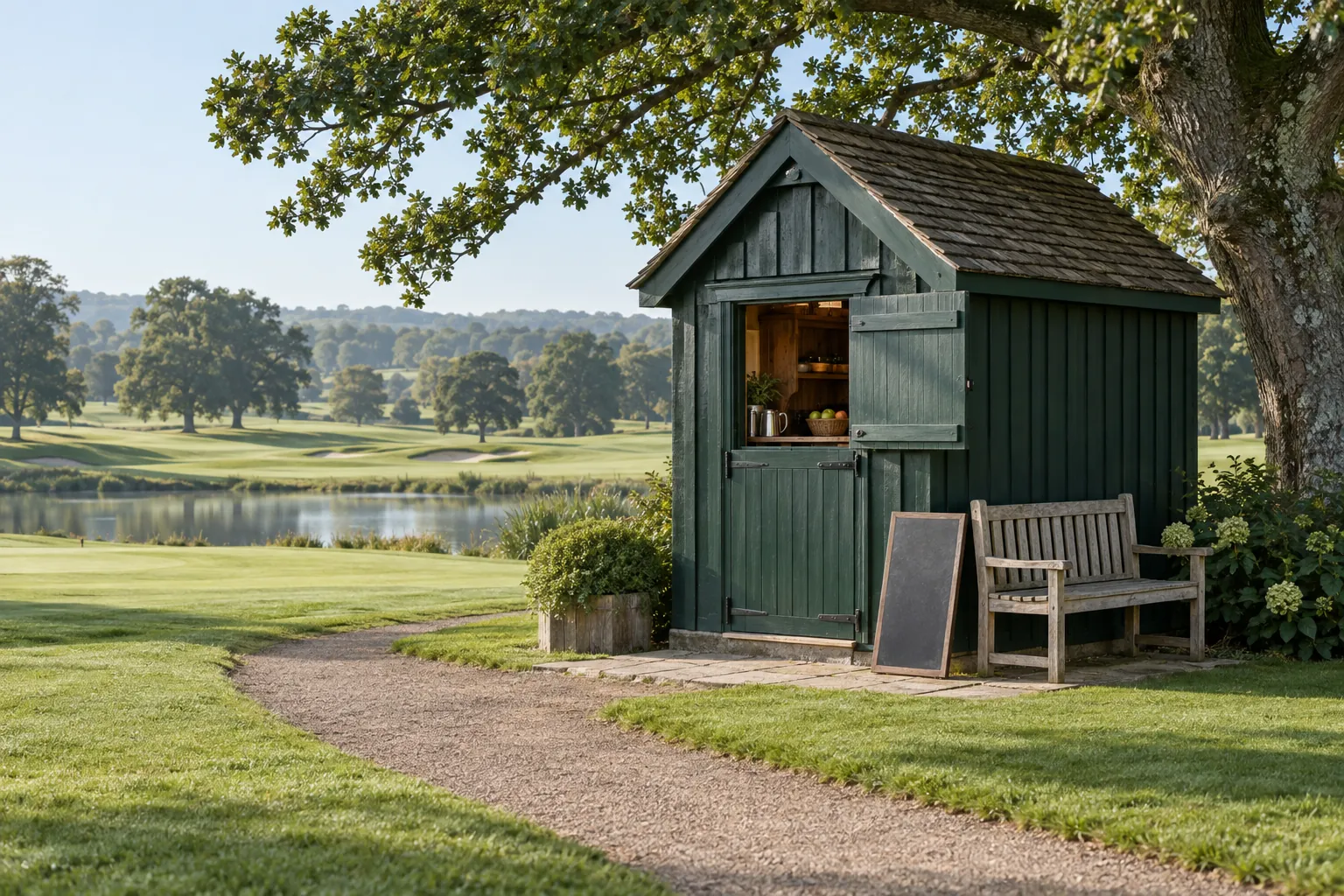 The green timber halfway hut beneath a spreading oak, its shutter open, a bench and a chalkboard outside and the mere and the park beyond
