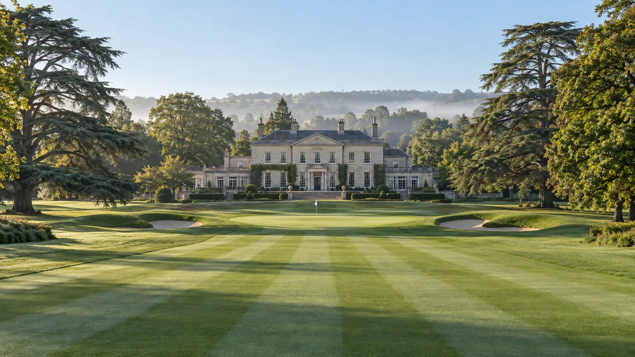 The eighteenth at Averleigh: a striped fairway running straight up to the green beneath the Georgian House, framed by cedars