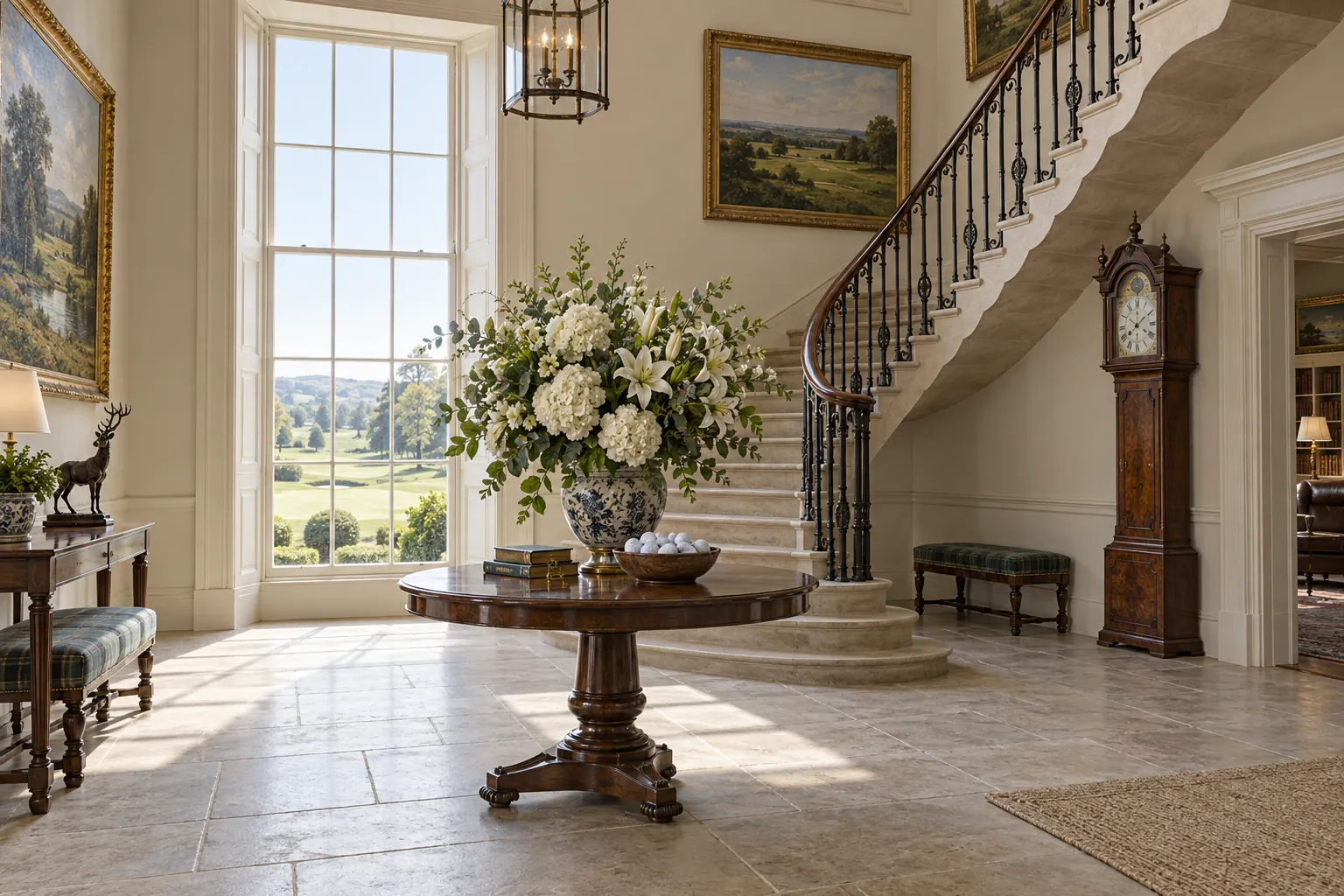 The Hall at Averleigh: a stone floor, the cantilevered staircase, a long-case clock and white flowers on the round table beneath the tall window