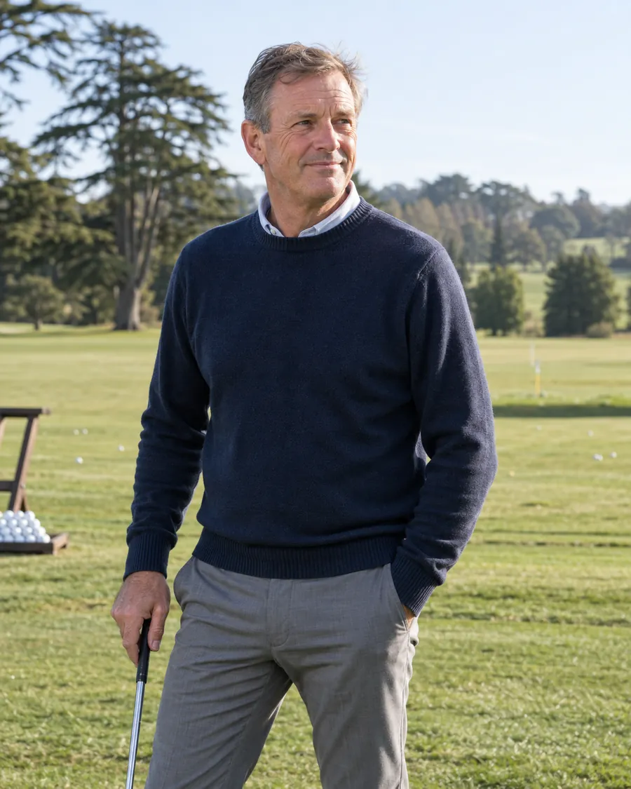 Edward Lang, Head Professional, on the practice ground in a navy jumper, a club in his hand and cedars behind