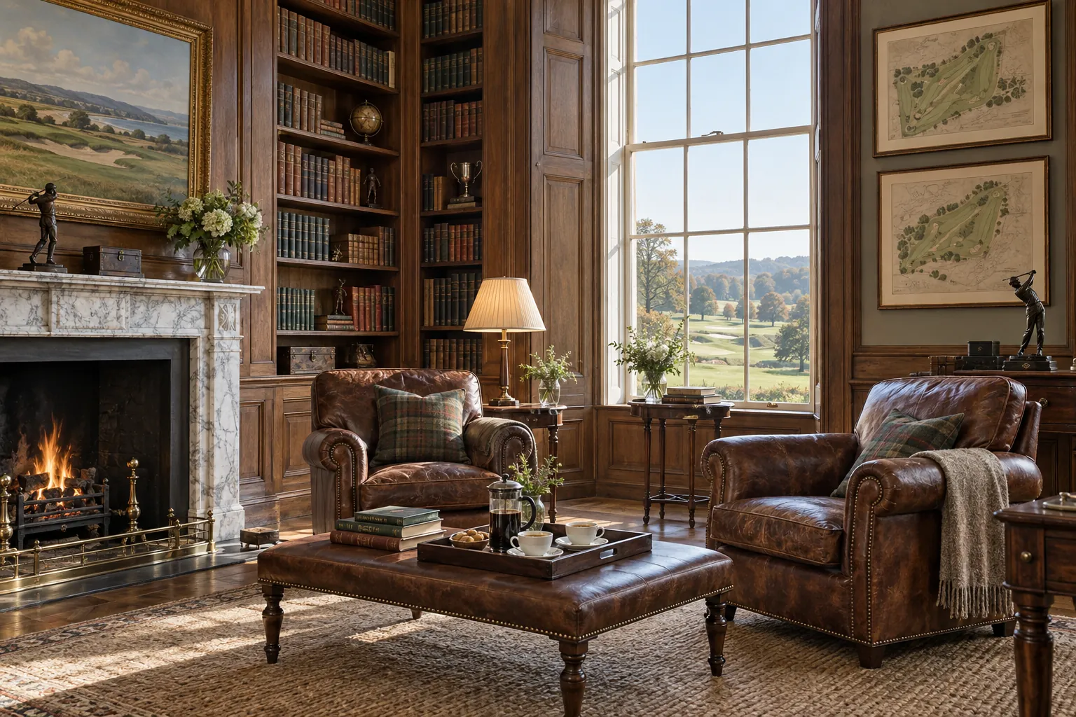 The Library by firelight: leather armchairs, a tray of coffee and framed course plans beside a tall sash window