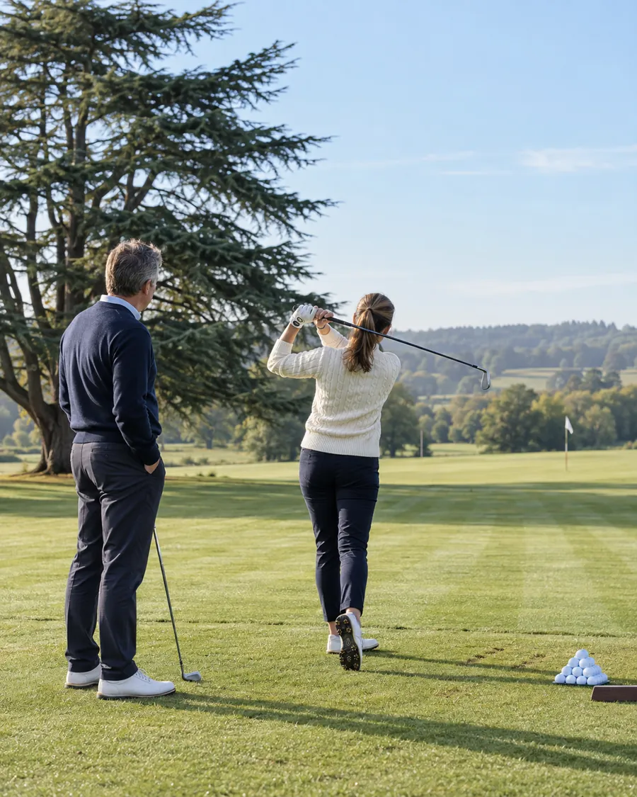 A lesson on the practice ground: the professional watches a member hold her finish beneath a cedar
