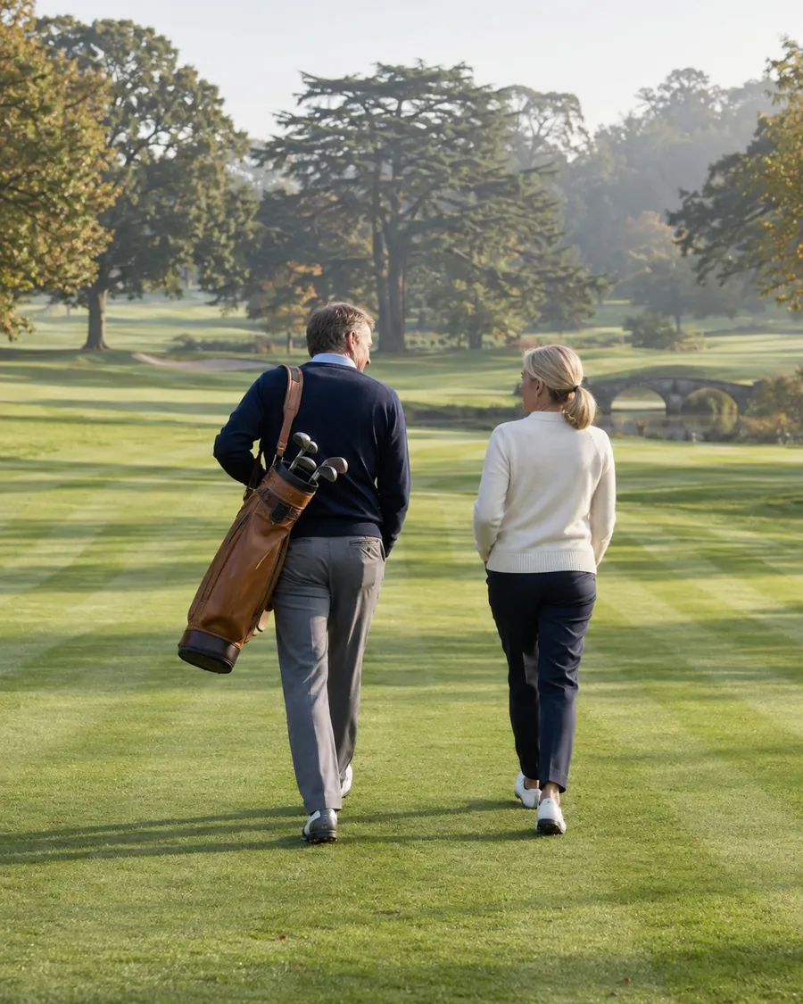 Two members walking down a striped fairway in the morning, one carrying a leather pencil bag